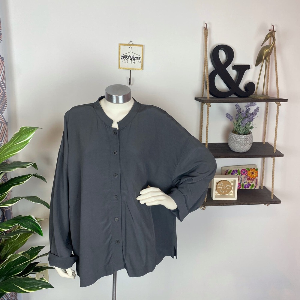 NWT Eileen Fisher Mandarin Collar Box Top in Bark